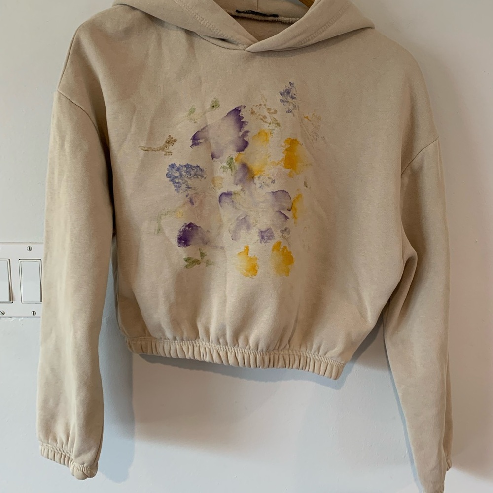 Zara Crop Print Tan Hoodie Women’s Small S watercolour Artsy Neutral